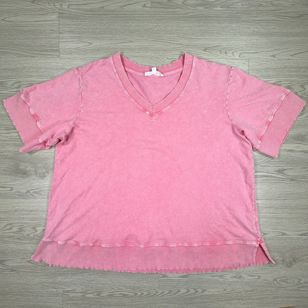 Jane + Delancey‎ Womens Top V-Neck Acid Wash Ribbed Trim Pink 1X Short Sleeve